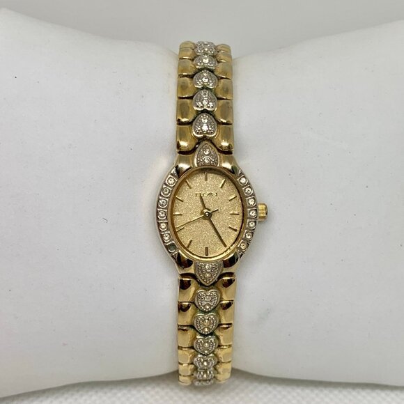 Elgin classic gold silver watch quartz analog 17mm oval case hearts 7” running - Picture 1 of 8